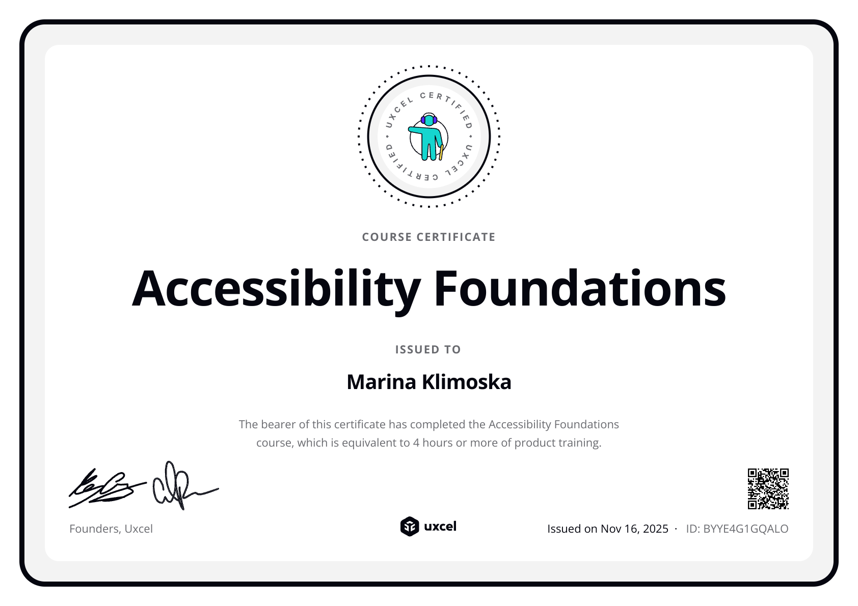 Marina Klimoska's certificate